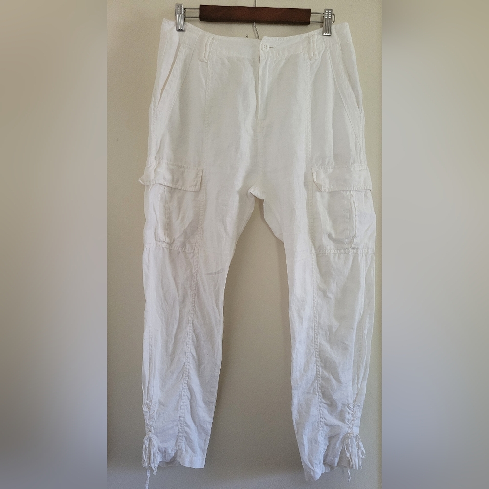 Joie White 100% Linen Lagenlook Boho Relaxed Lace Up Tapered Ankle Cargo Pants 4
